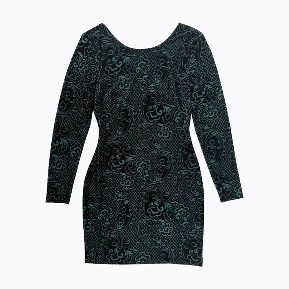 Guess Flocked Black Velvet Dress Sz 6 Teal Floral Pattern Long Sleeve Whimsigoth - Picture 1 of 8